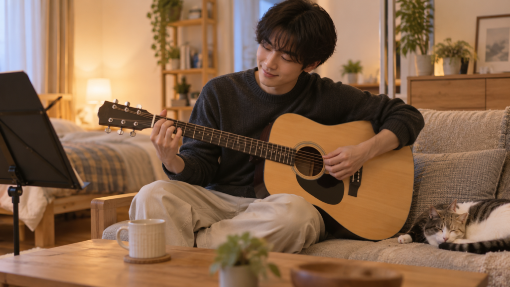 自宅でアコースティックギターを演奏する男性