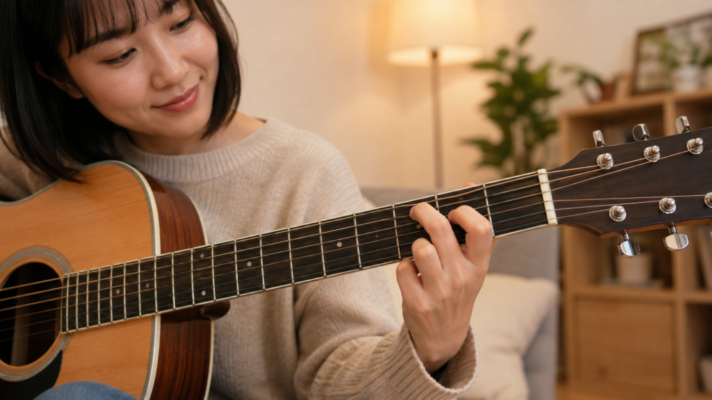 初心者が押さえやすい簡単なFコードを弾く女性