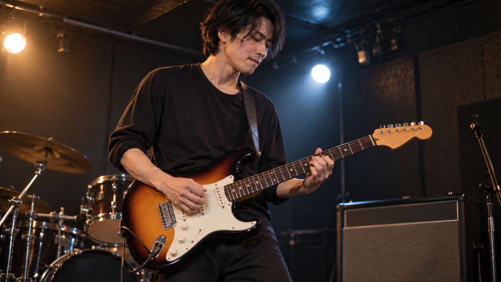 ライブステージでエレキギターを演奏する日本人ギタリスト