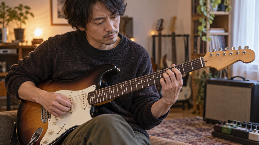 クロスでエレキギター弦を拭いてメンテナンスする日本人男性