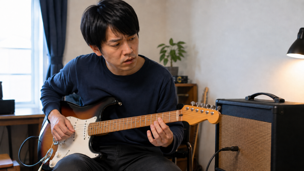 エレキギターをアンプに直結してノイズの原因を確認する男性