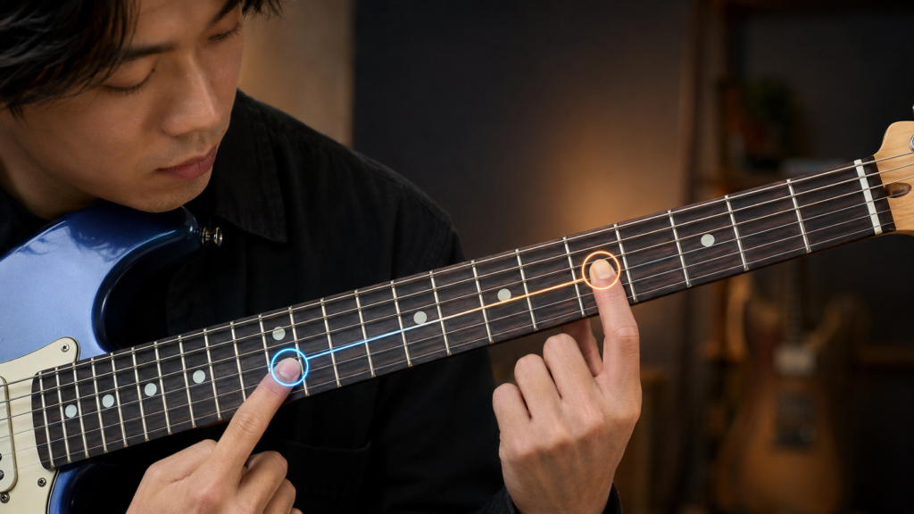 ギター指板で同じ音名のオクターブ位置を確認する様子