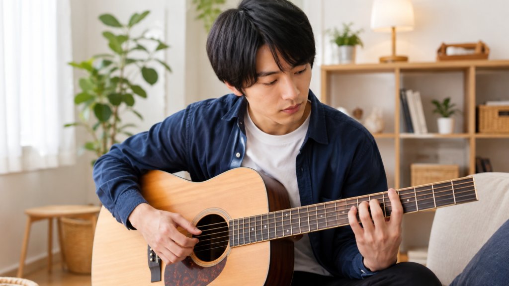 ギター指板の音名を確認しながら練習する初心者