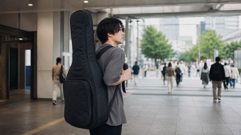 駅でエレキギター用ギグバッグを背負って移動する日本人男性