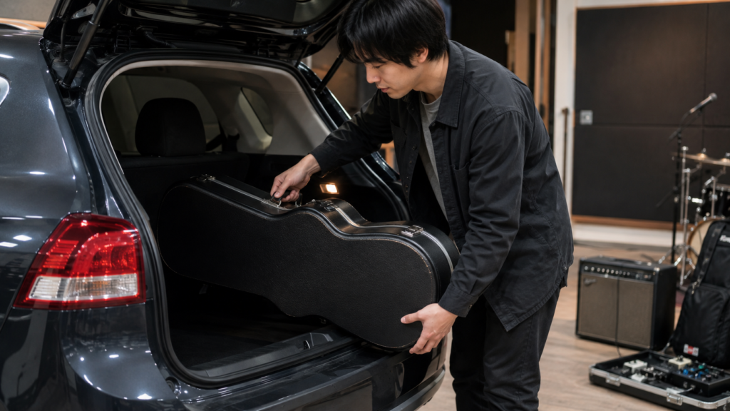 車の荷室にエレキギター用ハードケースを積み込む日本人男性