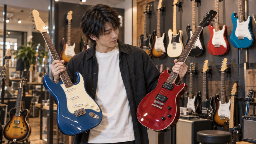 楽器店で2本のエレキギターを比較して選ぶ日本人男性