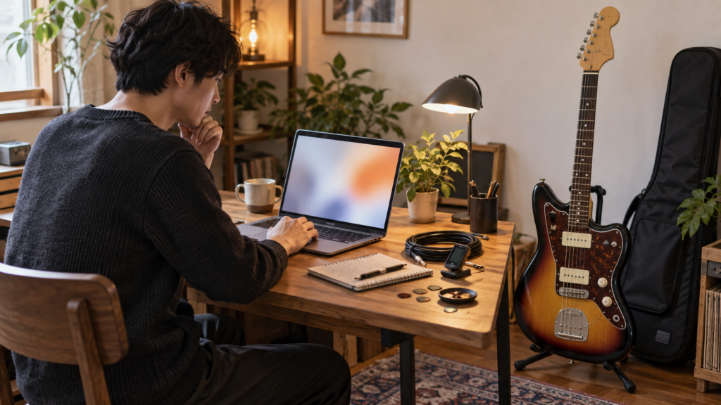 ジャズマスターギターを通販で比較検討する日本人男性とギター機材