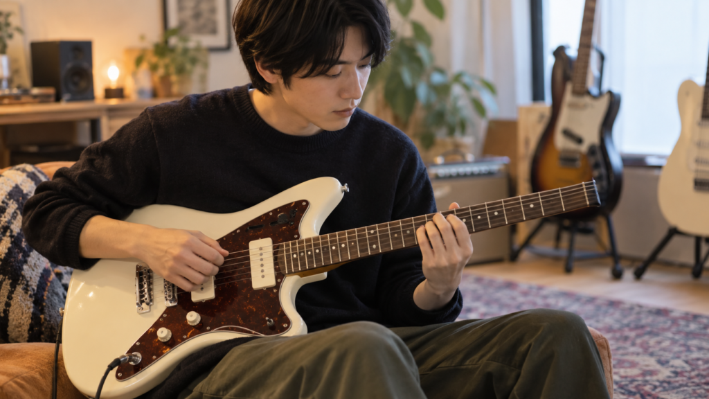 自宅でジャズマスタータイプのギターを座って演奏する日本人ギタリスト