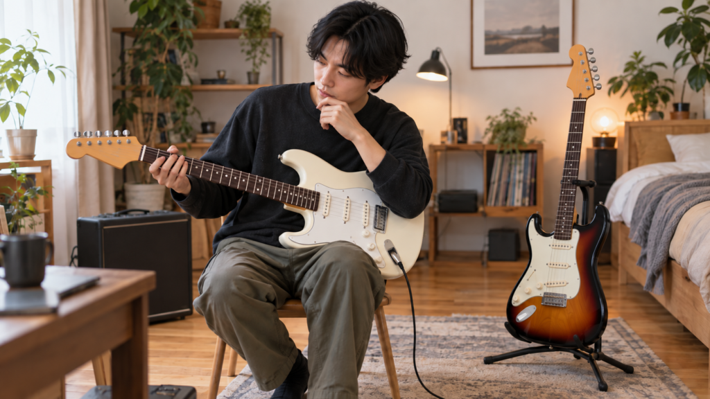 左利き用ギターと右利き用ギターの向きを比較する男性