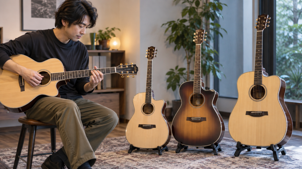 エレアコのボディサイズを比較しながら演奏する日本人男性
