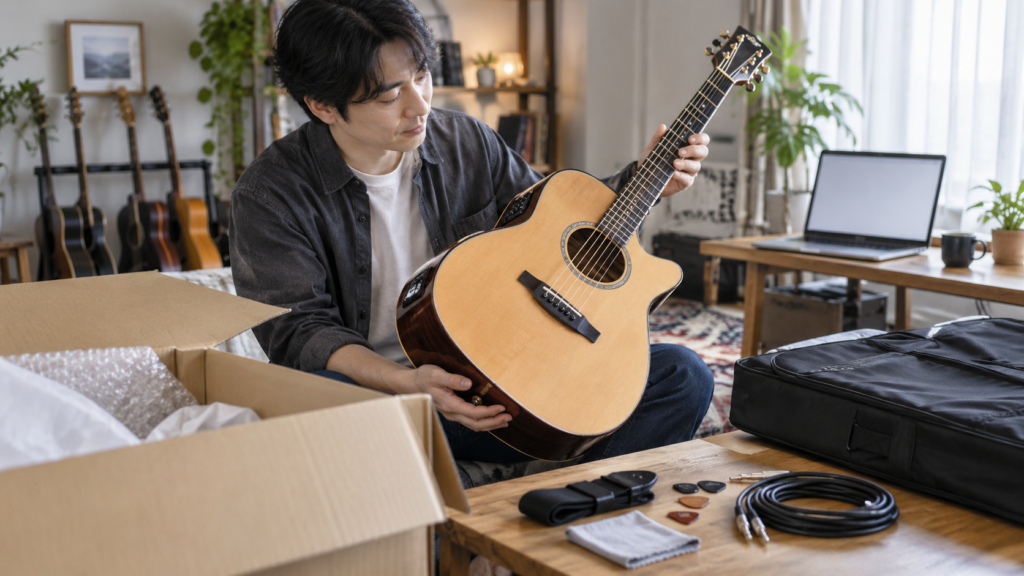 通販で届いたエレアコの外観と状態を確認する日本人男性
